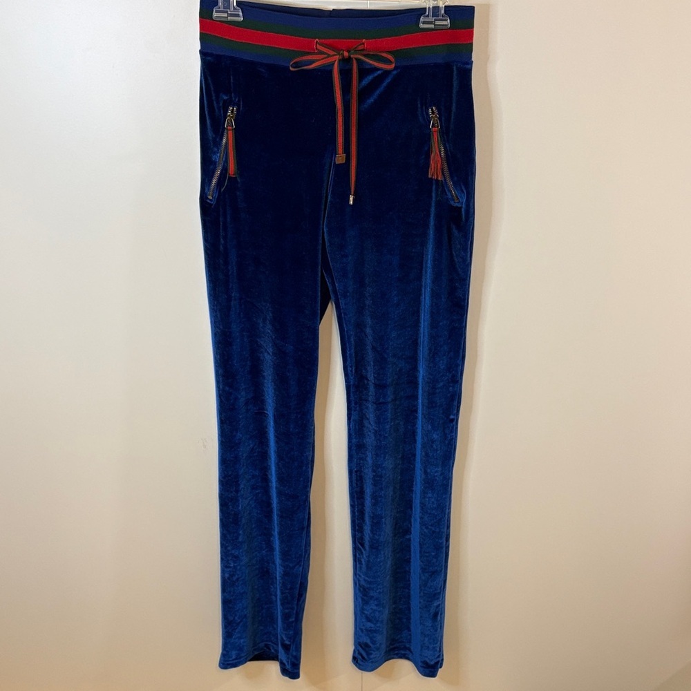 Authentic Gucci Blue Velour Track Pants Web Stripe Drawstring Made in Italy, M